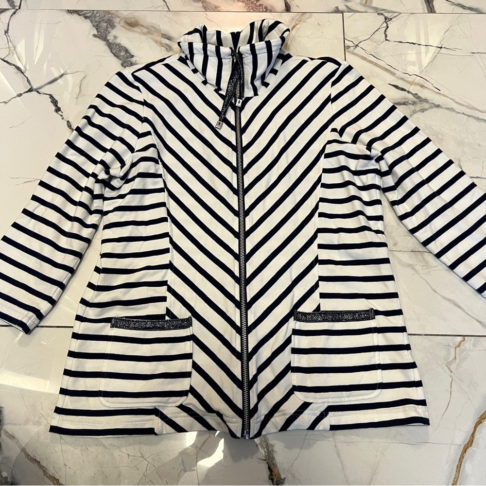 Chico’s Zenergy Navy Striped Zip-Up Cotton Jacket